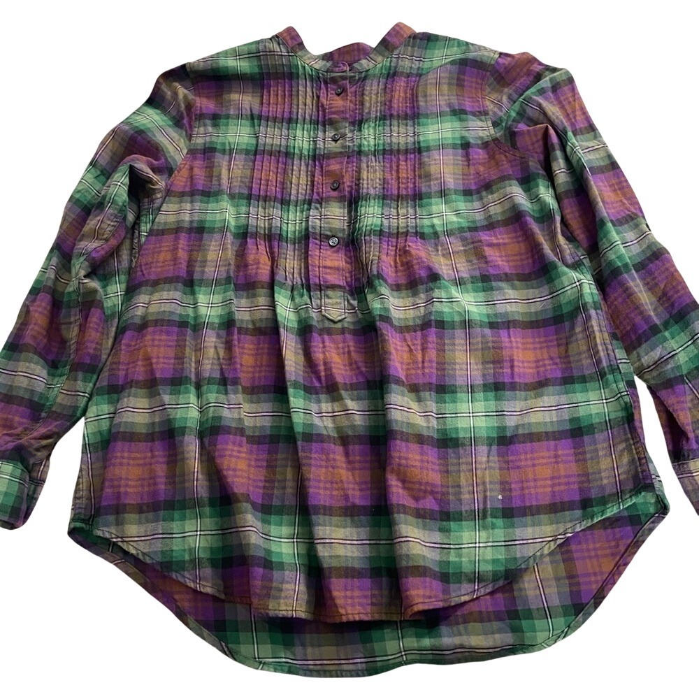 Lands End Purple Green Plaid Flannel Pintuck Tunic Shirt Band Collar 14